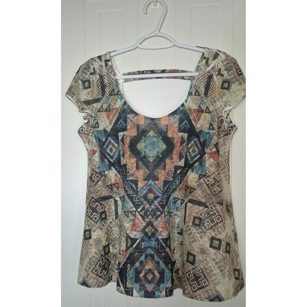 Persaya Boho Blouse Geometric Pattern Earthy Tones Lightweight Summer Top Large